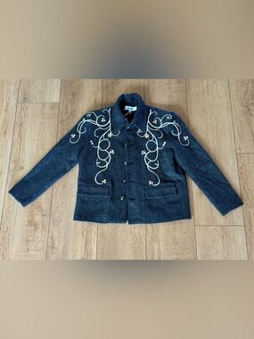 YITAI Whimsical Artisan Embroidered Herringbone Wool Blend Statement Jacket XS